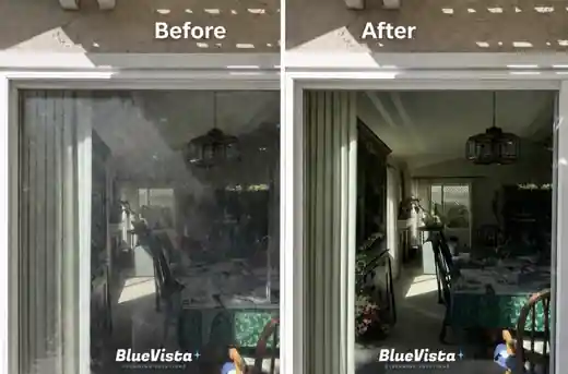 Before and after comparison of a window cleaned by BlueVista